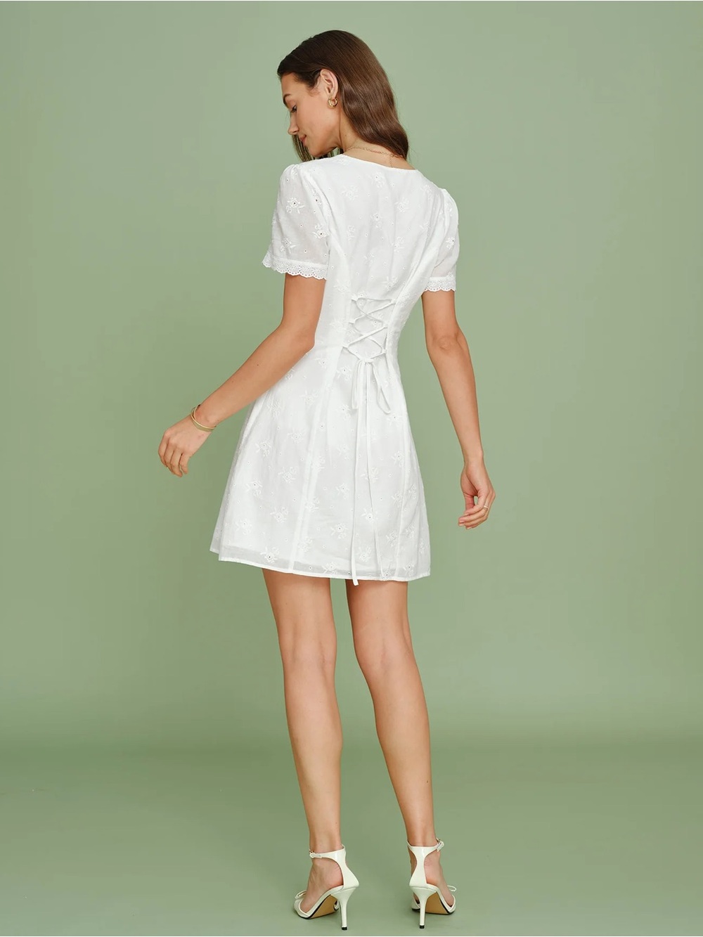 Rihoas White V Neck Embroidery Lace Mini Dress - Picture 5 of 6